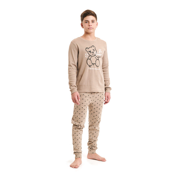 זוג פיג'מות מעבר מודפסות אפור-שחור-קאמל בנים