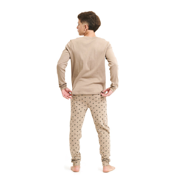 זוג פיג'מות מעבר מודפסות אפור-שחור-קאמל בנים