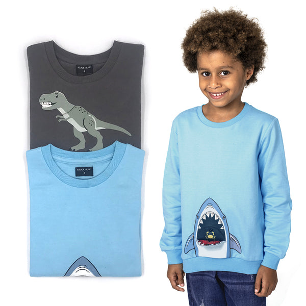 זוג חולצות פוטר עם אפליקציה נפתחת דינוזאור וכריש בנים 8