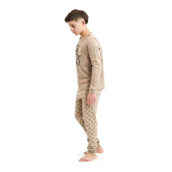 זוג פיג'מות מעבר מודפסות אפור-שחור-קאמל בנים