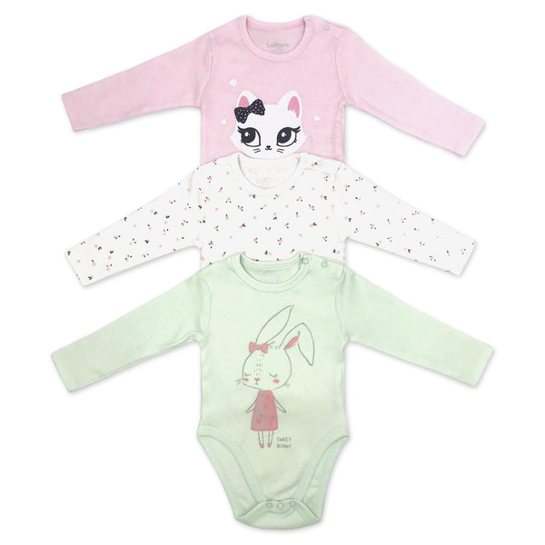 מארז 3 בגדי גוף מודפסים לבן-שמנת, ירוק-מנטה בהיר וורוד-בייבי תינוקות בנות 6-12M