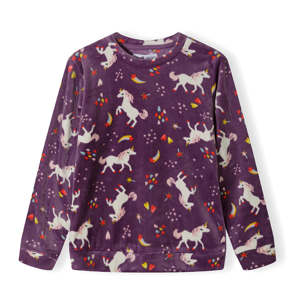 פיג'מה קטיפתית סגולה עם הדפס חד קרן תינוקות בנות