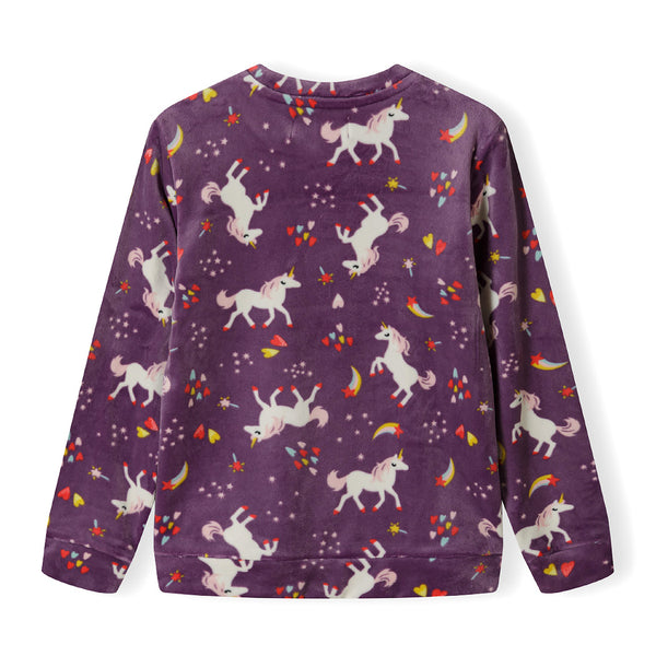 פיג'מה קטיפתית סגולה עם הדפס חד קרן תינוקות בנות