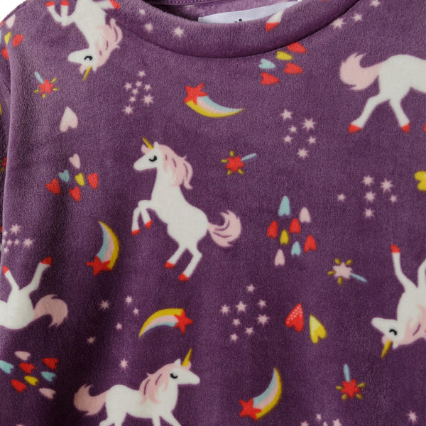 פיג'מה קטיפתית סגולה עם הדפס חד קרן תינוקות בנות