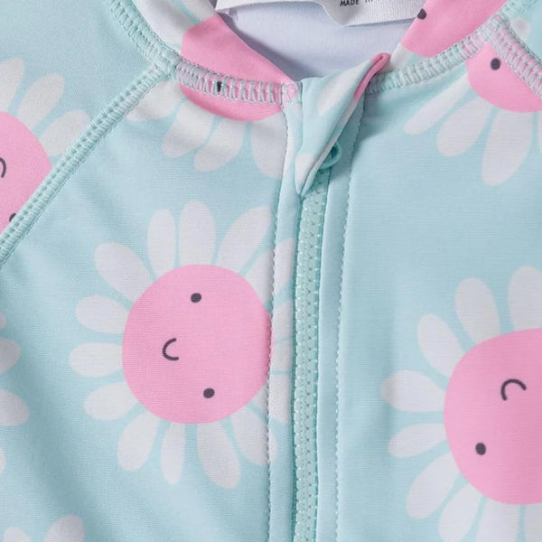 אוברול שחייה מינוטי עם רוכסן פרחים תכלת בנות