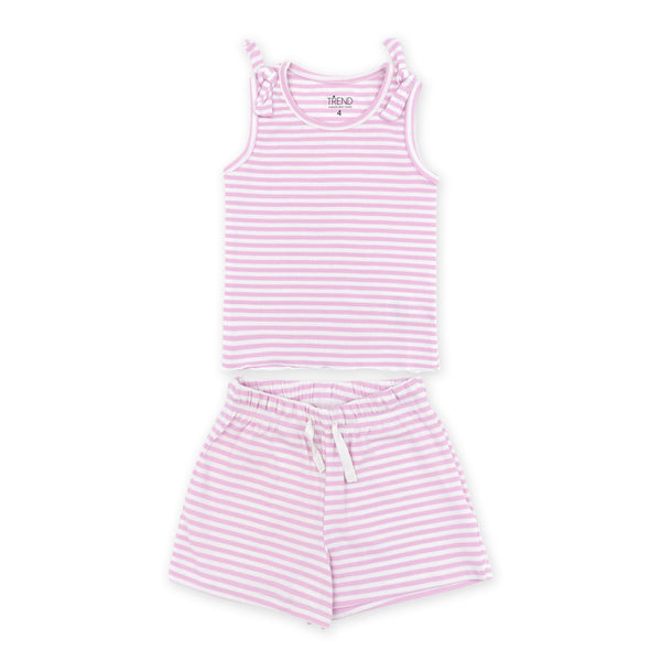 זוג חליפות גופיה בד ריב ורוד פסים ושחור בנות