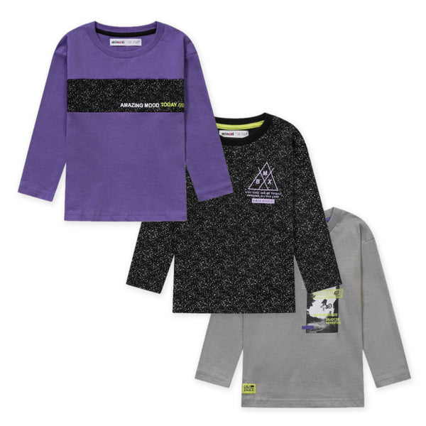 מארז 3 חולצות מעבר מינוטי שחור-אפור-סגול בנים