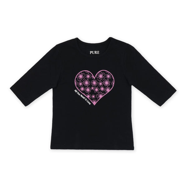 זוג חולצות מודפסות שרוול 3/4 שחור-פודרה בנות