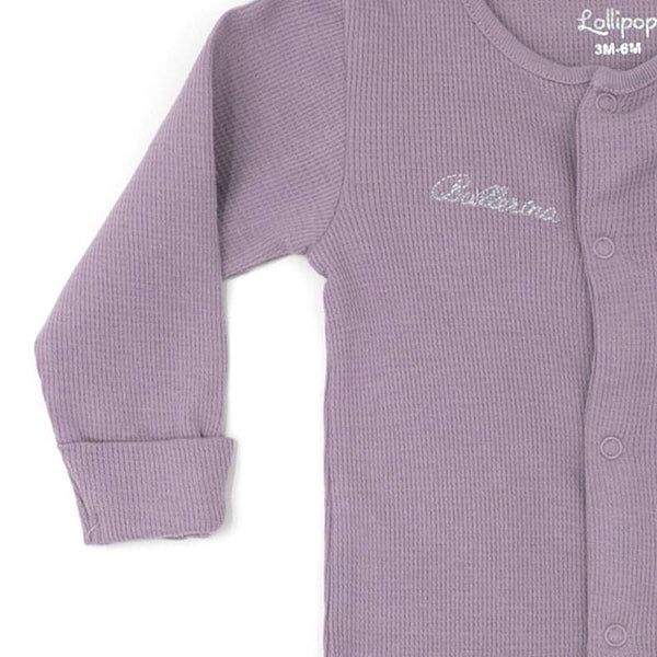 סט אוברול, בגד גוף וסינר בד ופל סגול-אפרסק תינוקות בנות