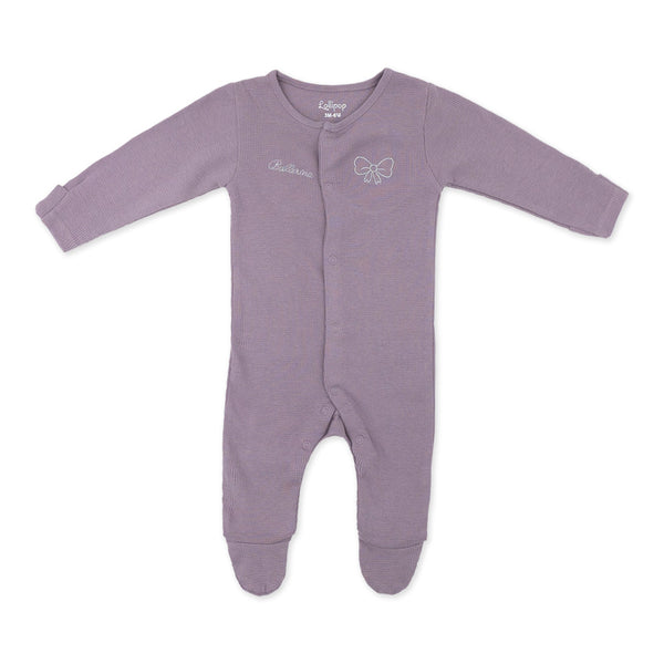 סט אוברול, בגד גוף וסינר בד ופל סגול-אפרסק תינוקות בנות