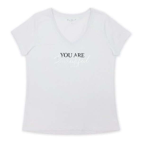 חולצה עם צווארון וי הדפס נצנץ You Are Beautiful נשים