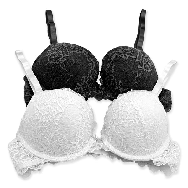 זוג חזיות תחרה שחורה ולבנה עם פוש-אפ ברזלית נשים 75A-85C