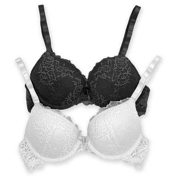 זוג חזיות תחרה שחורה ולבנה עם פוש-אפ ברזלית נשים 75A-85C