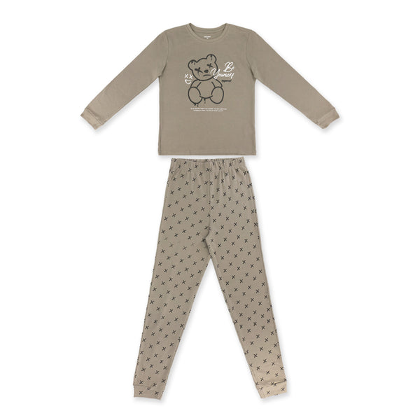 זוג פיג'מות מעבר מודפסות אפור-שחור-קאמל בנים