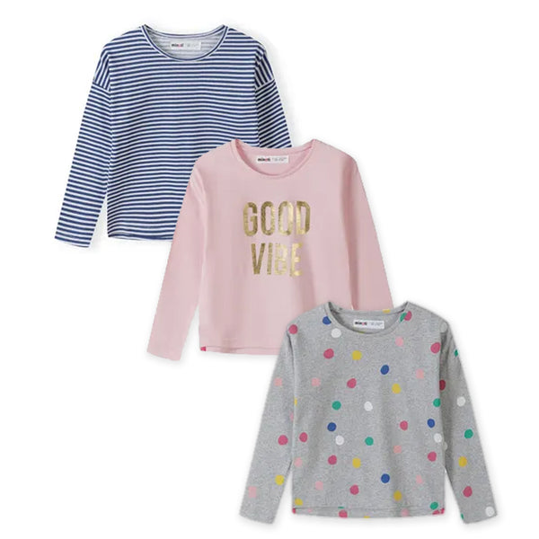 מארז 3 חולצות מינוטי מודפסות כחול-ורוד-אפור תינוקות ובנות 12M-24M