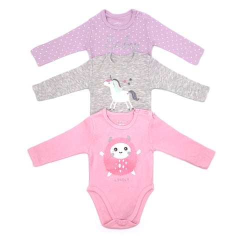 מארז 3 בגדי גוף מודפסים סגול-אפור-ורוד תינוקות בנות 3-12M