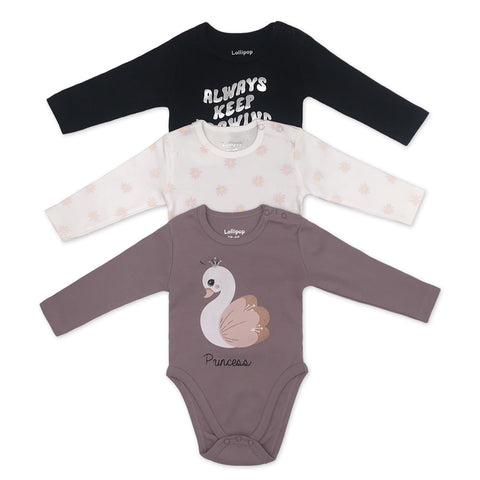 מארז 3 בגדי גוף מודפסים לבן-שחור-ורוד תינוקות בנות 3-24M