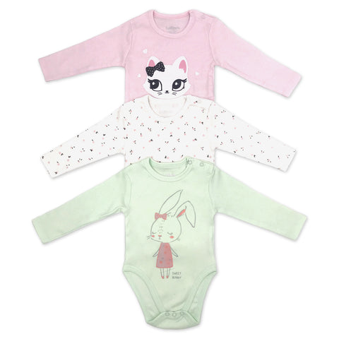 מארז 3 בגדי גוף מודפסים לבן-שמנת, ירוק-מנטה בהיר וורוד-בייבי תינוקות בנות 3-18M