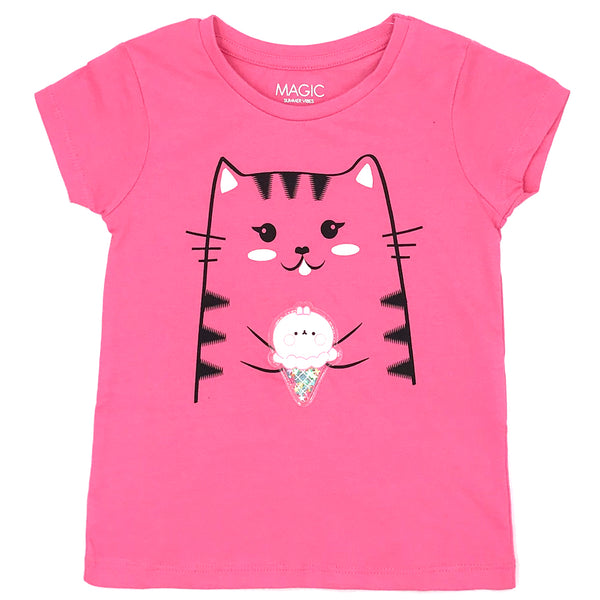 חולצה עם פאץ' פלסטי תלת-ממד חתול בנות 4-10