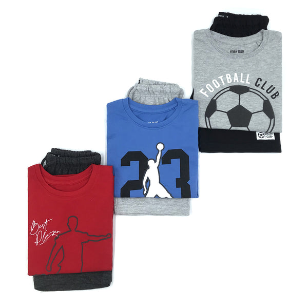מארז 3 חליפות הדפסי כדורגל אדום-אפור-כחול בנים 6-12