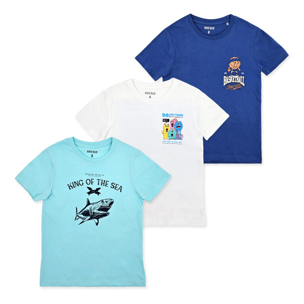 מארז 3 חולצות מודפסות כחול-טורקיז-לבן בנים 6-10