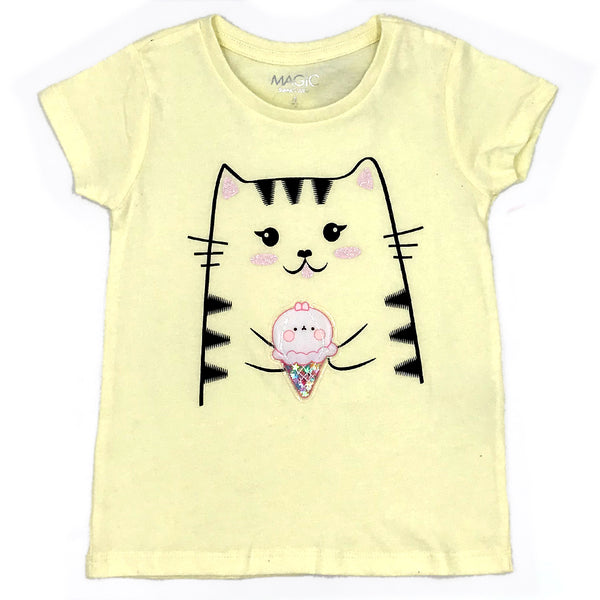 חולצה עם פאץ' פלסטי תלת-ממד חתול בנות 4-10