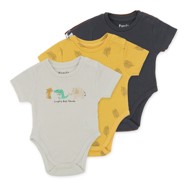 מארז 3 בגדי גוף צהוב-אפור-אבן בד ופל תינוקות בנים 3-24M