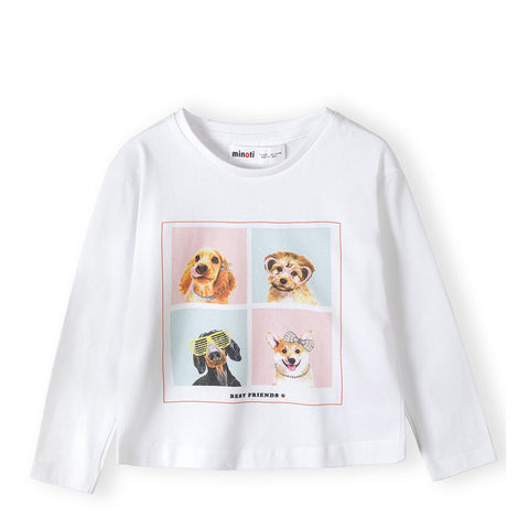 חולצת מעבר לבנה מינוטי הדפס כלבים בנות 5-6Y